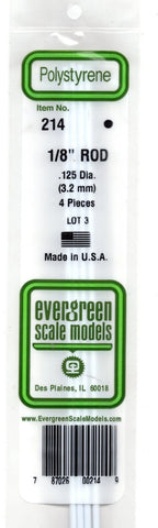 Evergreen 214 Styrene Rod .125" .32cm Diameter pkg (4)