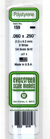 Evergreen 159 Styrene Strip Plastic .060" Thick x .250" 14" Long pkg (8)