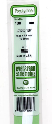 Evergreen 108 Styrene Strip Plastic .010" Thick x .188" 14" Long; pkg (10)