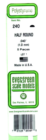 Evergreen 240 Styrene Half Round .040" .10cm pkg (5)