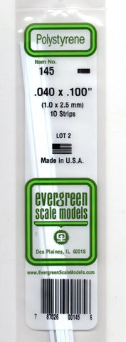Evergreen 145 Styrene Strip Plastic .040" Thick x .100" 14" Long pkg (10)