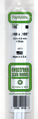 Evergreen 196 Styrene Strip Plastic .188" Thick x .188" 14" Long pkg (4)