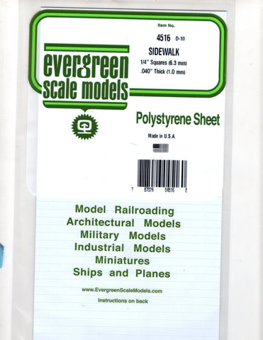 Evergreen 4516 Styrene Sidewalk Sheet .040 x 6 x 12" 1/2" 1/4" .6cm Squares