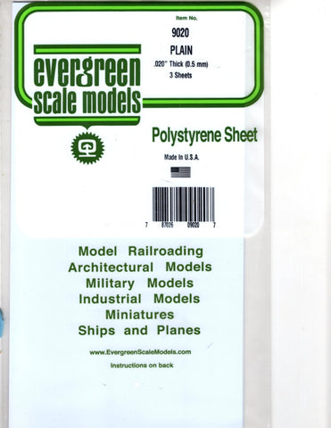 Evergreen 9020 Styrene White Sheet Plain 6 x 12" 15.2 x 30.5cm.020" .05cm pkg(3)