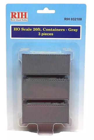 HO Scale Rock Island Hobby 32108 Gray Unlettered 20' Corrugated Container 3-Pack