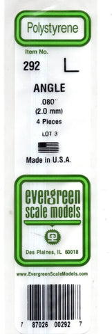 Evergreen 292 Styrene 14" L Angle .080" .20cm pkg (4)