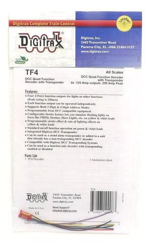 Digitrax TF4 Quad DCC Function Decoder with Integrated Transponder