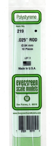 Evergreen 219 Styrene Rod .025" .06cm Diameter pkg(10)