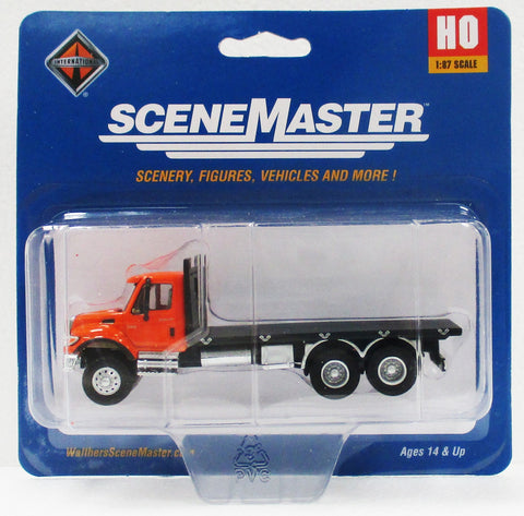 HO Scale Walthers SceneMaster 949-11651 Orange International 7600 3-Axle Flatbed Truck