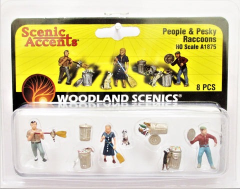 HO Scale Woodland Scenics A1875 People & Pesky Raccoons Figures (8) pcs