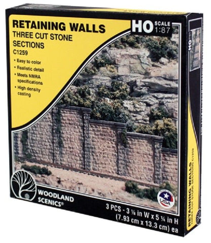 HO Scale Woodland Scenics C1259 Cut Stone Retaining Wall (3) pcs