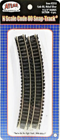 N Scale Atlas 2510 Code 80 9-3/4" Radius Curve Snap-Track pkg (6)