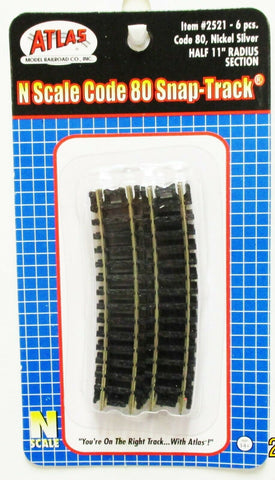 N Scale Atlas 2521 Code 80 11" Radius Half Curve Snap-Track pkg (6)