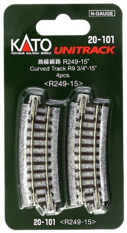 N Scale Kato Unitrack 20-101 Curve 9-3/4" 249mm Radius 15-Degree Track (4) pcs