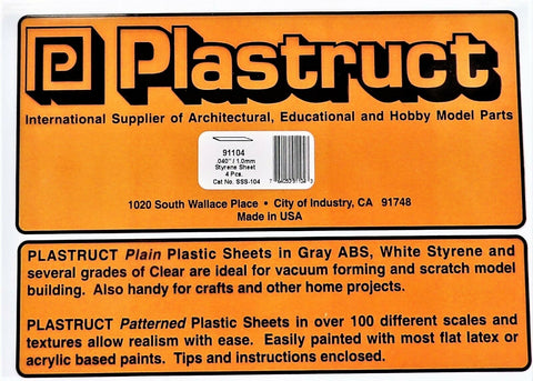 Plastruct 91104 SSS-104 White Styrene Sheet 7 x 12" .040" pkg (4)