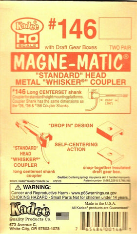 HO Scale Kadee #146 Whisker Metal Couplers w/Long 25/64" Centerset Shank (2) pr