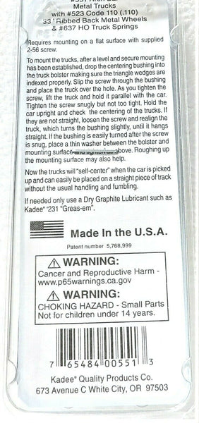 thumbnail image 2 of Kadee #551 Arch Bar Self Centering Trucks With 33” Ribbed Back Wheels – HO Scale (2) 2 of 2