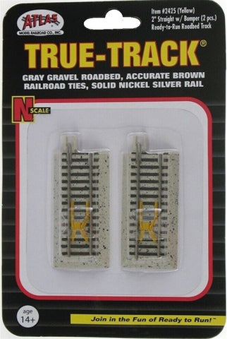 N Scale Atlas True Track 2425 Code 65 2" Straight w/Yellow Track Bumper pkg (2)