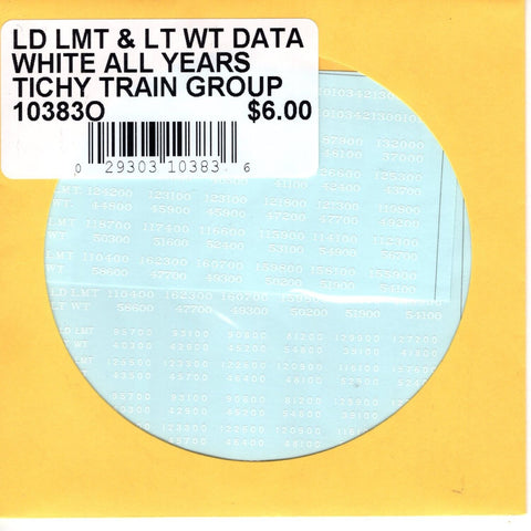 O Scale Tichy Train 10383O LD LMT & LT WT Data White All years Decal Set