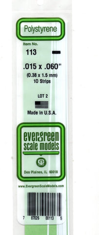 Evergreen 113 Styrene Strip Plastic .060" Thick x .030" 14" Long; pkg (10)