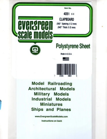 Evergreen 4051 Styrene White Clapboard Siding .040x6x12" .050" Spacing
