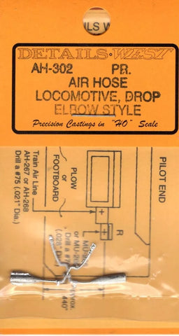HO Scale Details West AH-302 PR. Air Hose Locomotive, Drop Elbow Style