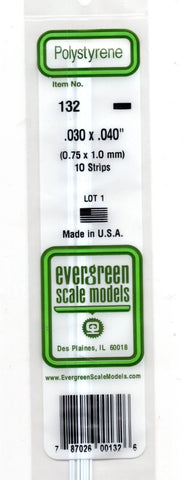 Evergreen 132 Styrene Strip Plastic .030" Thick x .040" 14" Long pkg (10)
