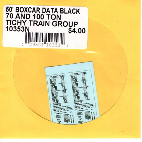 N Scale Tichy Train 10353N 50' Boxcar Data Black 70 and 100 Ton Decal Set