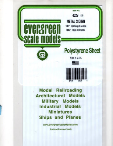 Evergreen 4529 Styrene White Metal Siding Sheet .100" .25cm Spacing