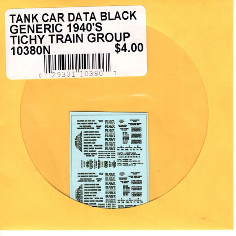 N Scale Tichy Train 10380N Tank Car Data Black Generic 1940's Decal Set