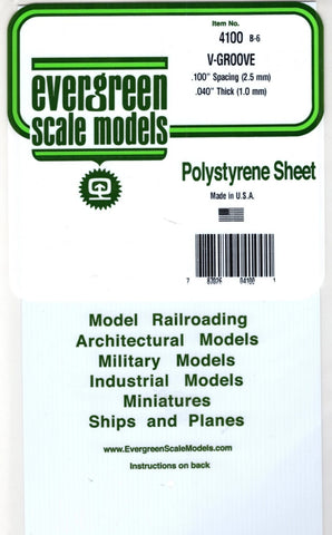 Evergreen 4100 Styrene V-Groove Siding Sheet .040 x 6 x 12" .100" Spacing