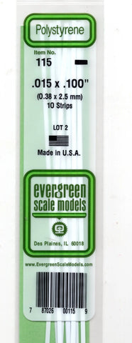 Evergreen 115 Styrene Strip Plastic .015" Thick x .100" 14" Long pkg (10)