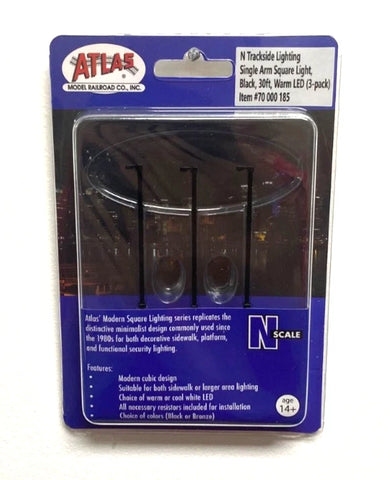 N Scale Atlas 70000185 Black Single-Arm Square LED 30' Street Light 3-Pack