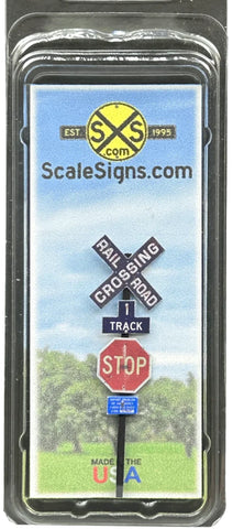 HO Scale ScaleSigns.com 230701 Crossbuck + 1 Track + Stop Sign + ID Sign