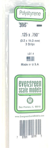 Evergreen 395 Styrene Strip Plastic .125 Thick x .750 24" Long pkg (3)