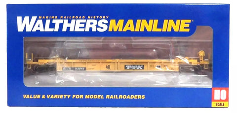 HO Scale Walthers MainLine 910-8423 Small Black & White  logo w/yellow conspicuity stripes TTX DTTX 53215 Thrall Rebuilt 40' Well Car