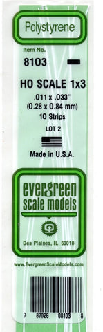 Evergreen 8103 Styrene Strip HO Scale 1 x 3" 14" Long pkg (10)