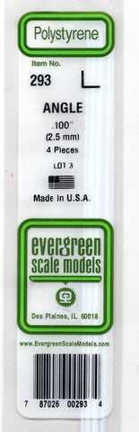 Evergreen 293 Styrene 14" L Angle .100" .25cm pkg (4)
