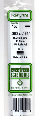 Evergreen 156 Styrene Strip Plastic .060" Thick x .125" 14" Long pkg (10)
