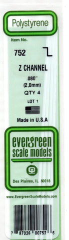 Evergreen 752 Styrene Z Channel Strips 14" .080" 2mm pkg (4)
