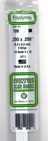 Evergreen 199 Styrene Strip Plastic .250" Thick x .250" 14" Long pkg (3)