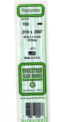 Evergreen 103 Styrene Strip Plastic .010" Thick x .060" 14" Long; pkg (10)