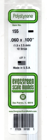 Evergreen 155 Styrene Strip Plastic .060" Thick x .100" 14" Long pkg (10)
