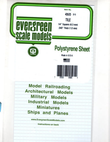 Evergreen 4505 Styrene Square Tile Sheet .040 x 6 x 12" 1/4" .64cm Square