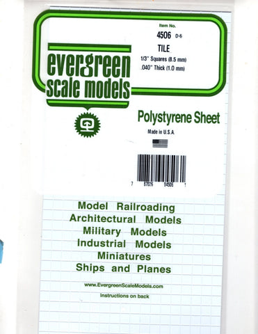 Evergreen 4506 Styrene Square Tile Sheet .040 x 6 x 12" 1/3" .85cm Square