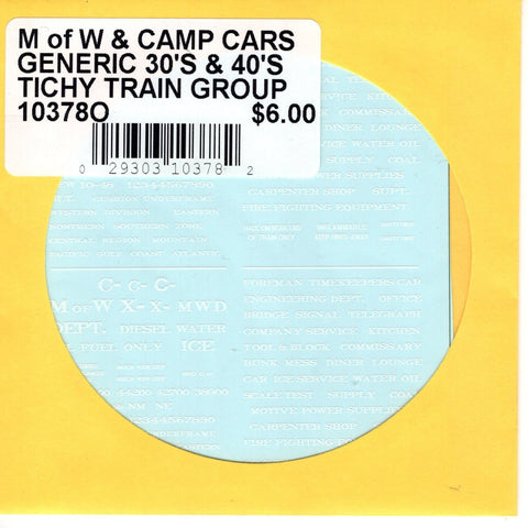 O Scale Tichy Train 10378O MOW & Camp Cars Generic 30's & 40's Decal Set