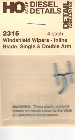 HO Scale Detail Associates 2315 Windshield Wipers Inline Blade, Single & Dbl Arm