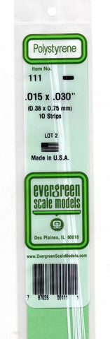 Evergreen 111 Styrene Strip Plastic .015" Thick x .030" 14" Long; pkg (10)