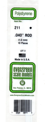Evergreen 211 Styrene Rod .040" .10cmDiameter pkg (10)