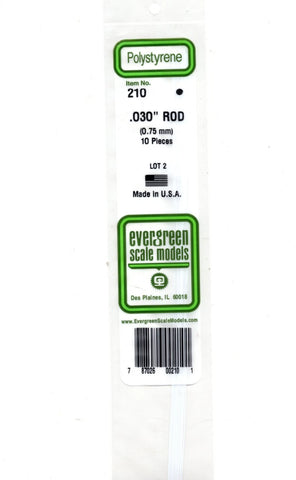 Evergreen 210 Styrene Rod .030" .08cm Diameter pkg (10)